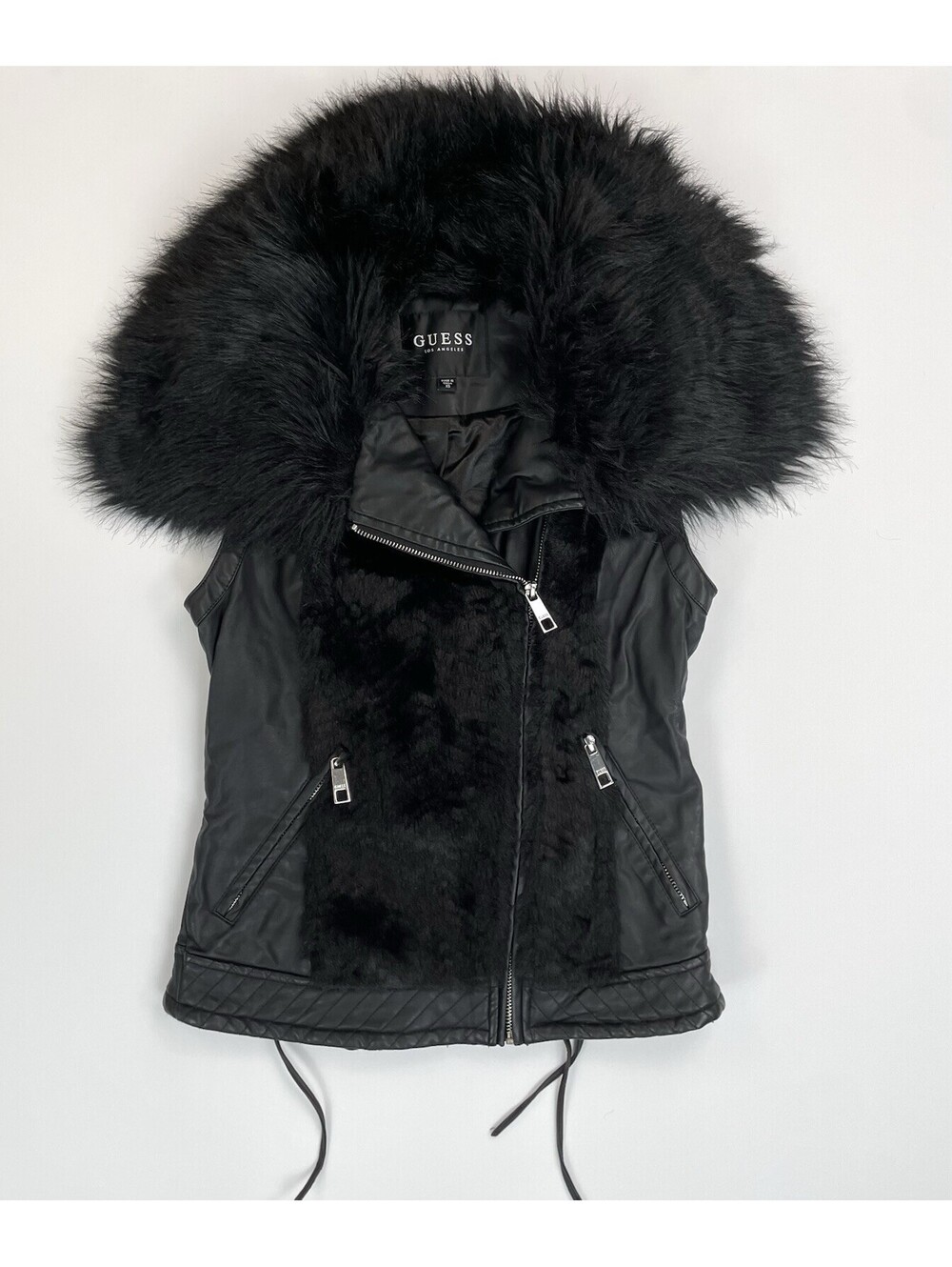 GUESS Gabby Faux Fur Leather Moto Vest Jacket Black Quilted Lace Up Back XS